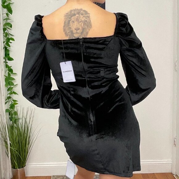 Glamorous Tie-Front Velvet Mini Dress Long Sleeve Size 6 Black - Picture 5 of 7